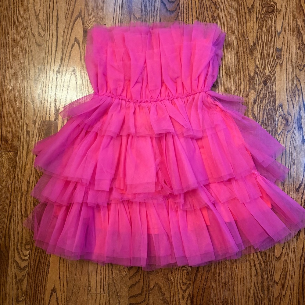 Mable Hot Pink Tulle Ruffle Strapless Mini Dress Small Barbiecore Party - Picture 3 of 9